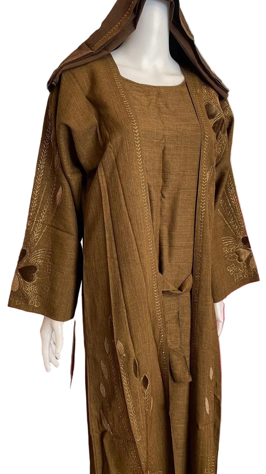 Modest 3-Piece Abaya Set for Women – Elegant Stone Work, Open Front Kimono, Inner Dress & Matching Hijab