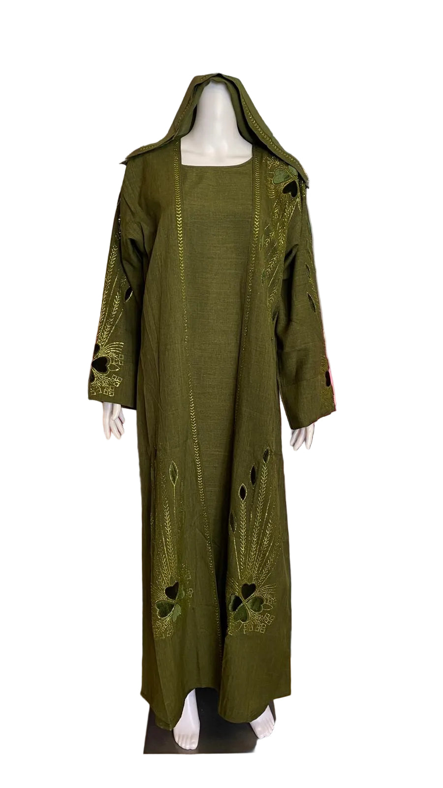 Modest 3-Piece Abaya Set for Women – Elegant Stone Work, Open Front Kimono, Inner Dress & Matching Hijab