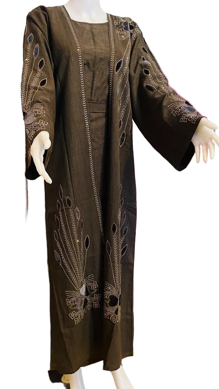 Modest 3-Piece Abaya Set for Women – Elegant Stone Work, Open Front Kimono, Inner Dress & Matching Hijab