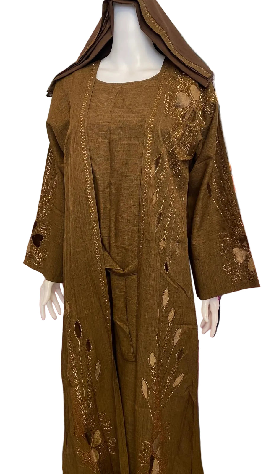 Modest 3-Piece Abaya Set for Women – Elegant Stone Work, Open Front Kimono, Inner Dress & Matching Hijab