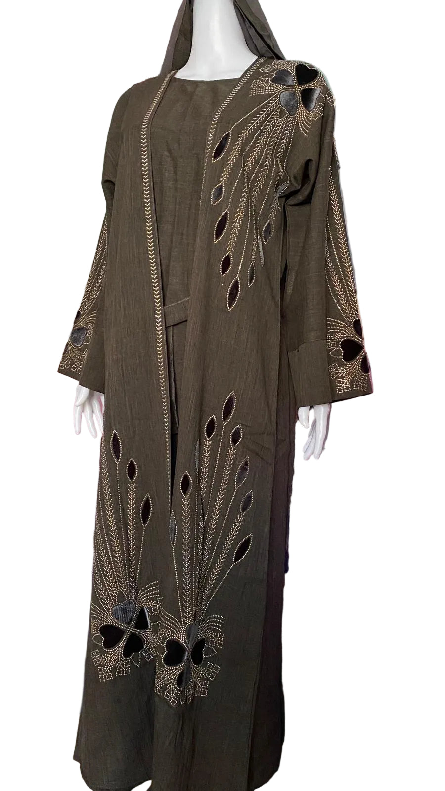 Modest 3-Piece Abaya Set for Women – Elegant Stone Work, Open Front Kimono, Inner Dress & Matching Hijab