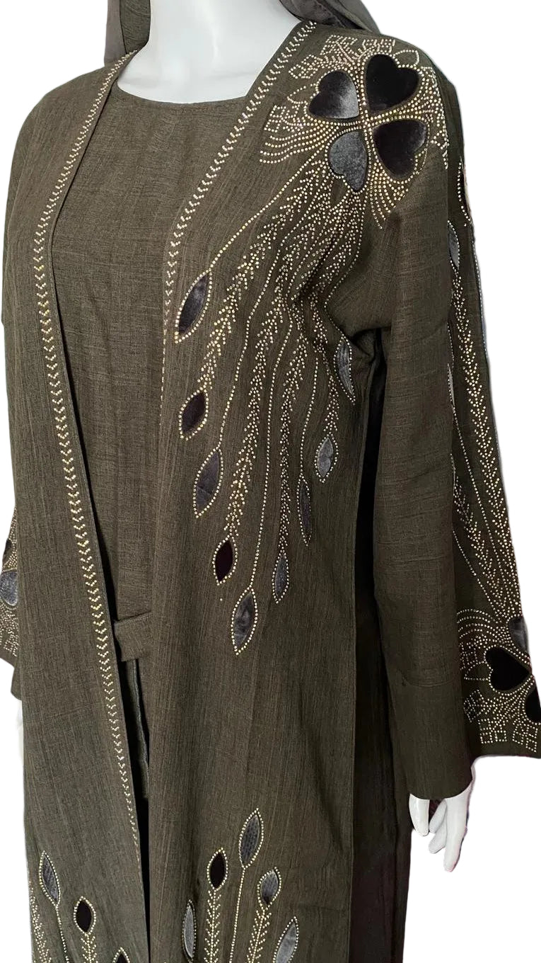Modest 3-Piece Abaya Set for Women – Elegant Stone Work, Open Front Kimono, Inner Dress & Matching Hijab