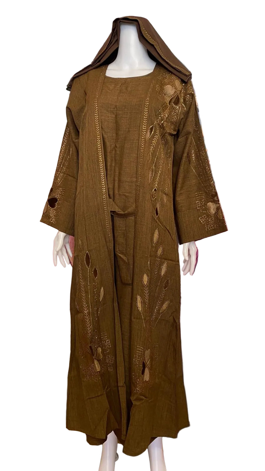 Modest 3-Piece Abaya Set for Women – Elegant Stone Work, Open Front Kimono, Inner Dress & Matching Hijab