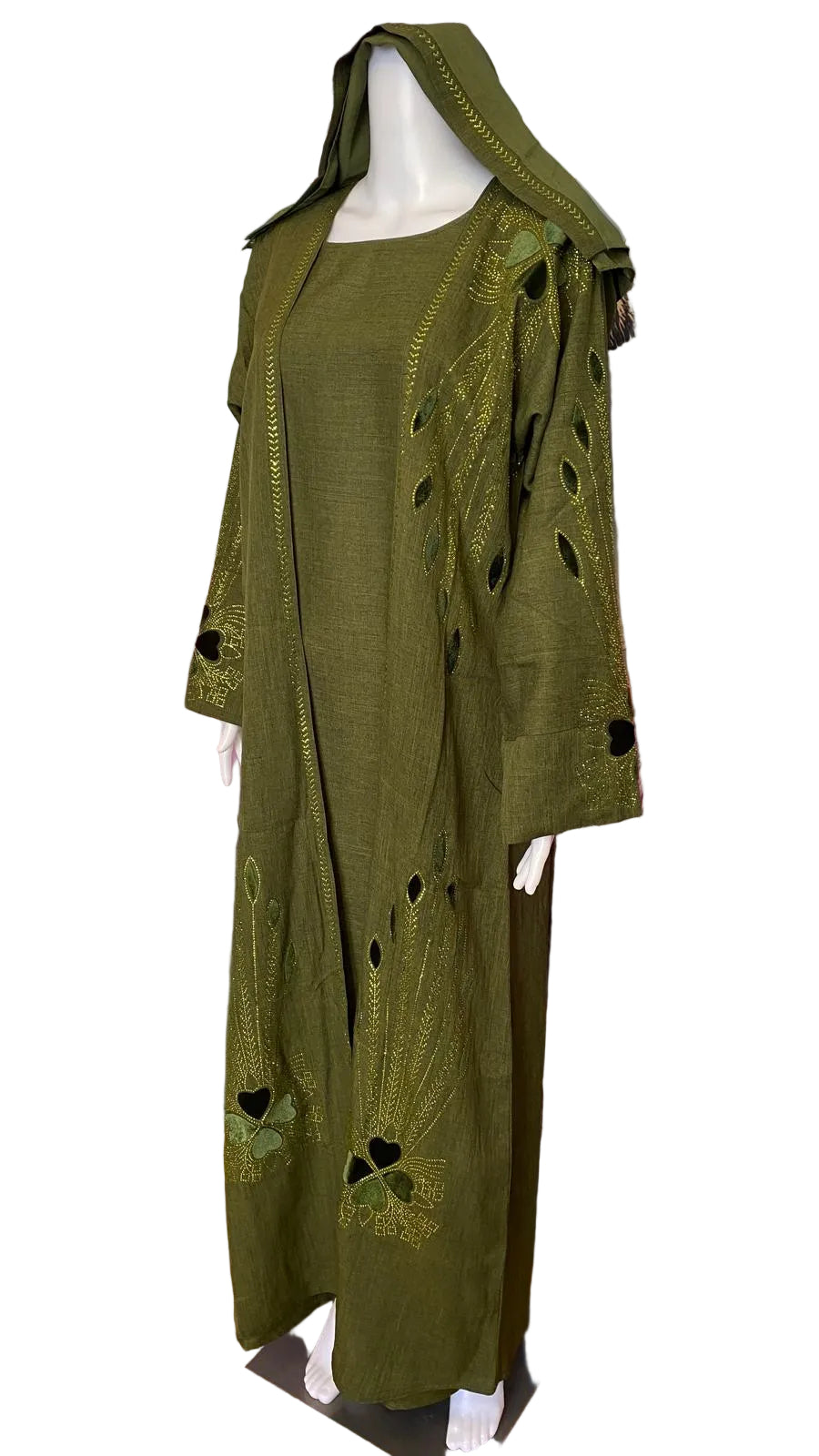 Modest 3-Piece Abaya Set for Women – Elegant Stone Work, Open Front Kimono, Inner Dress & Matching Hijab