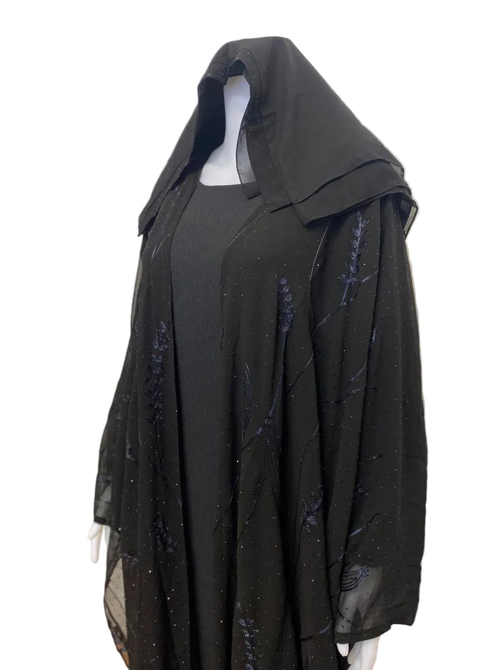 Stylish 3-Piece Front & Side Open Abaya Set with Stone Embroidery – Lightweight Chiffon Fabric