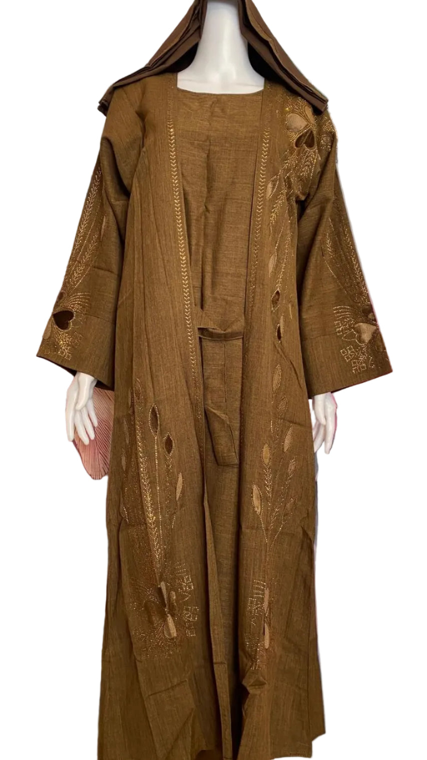 Modest 3-Piece Abaya Set for Women – Elegant Stone Work, Open Front Kimono, Inner Dress & Matching Hijab