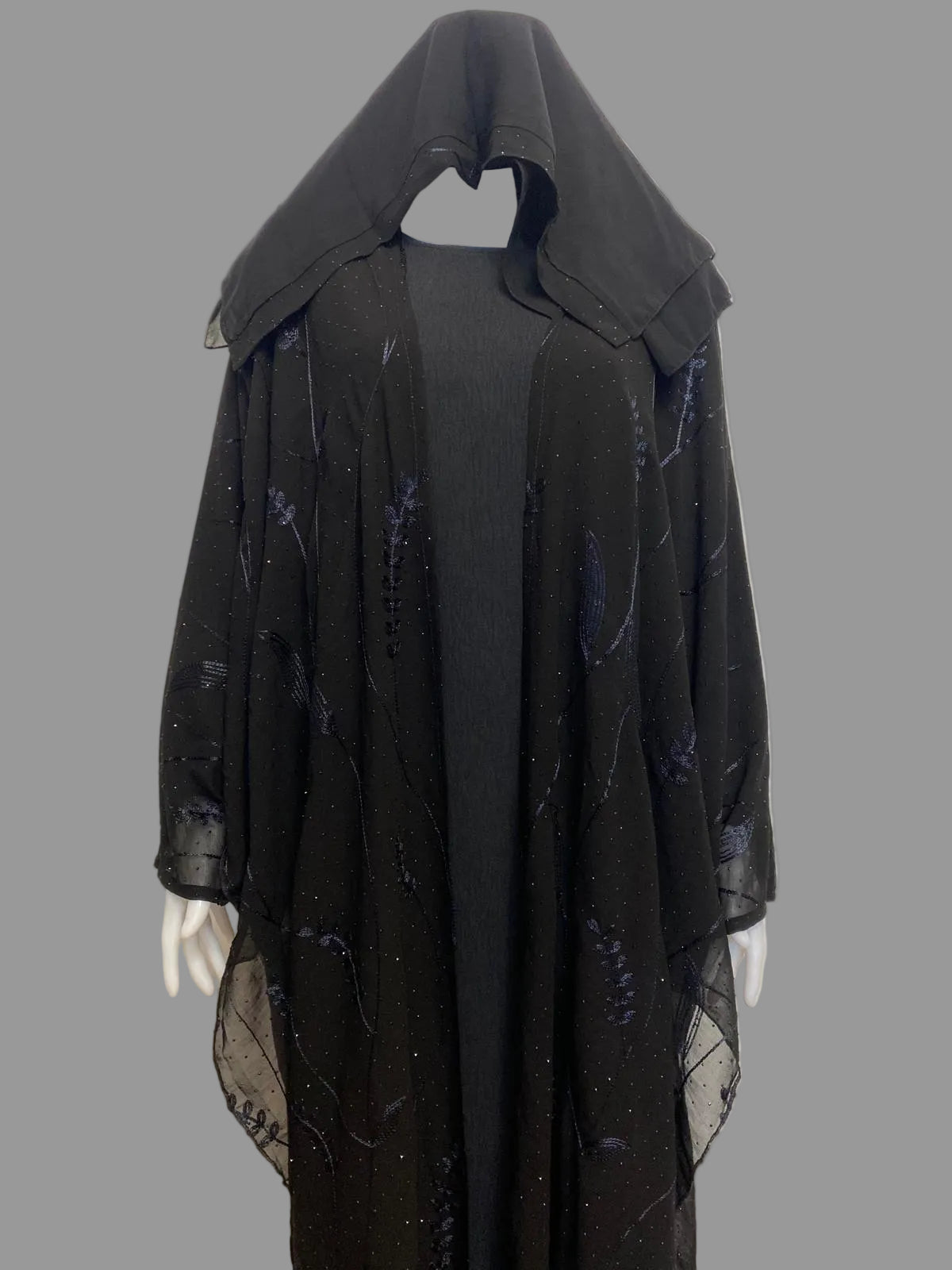 Stylish 3-Piece Front & Side Open Abaya Set with Stone Embroidery – Lightweight Chiffon Fabric